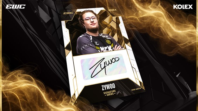 A promotional graphic for EWC x Kolex featuring an authentic "Signature Series" redemption card of player ZywOo, displaying his photo and signature on a gold and black card design with "EWC," "KOLEX," and "RISE ABOVE" branding to advertise the signed merchandise available at shop.kolex.gg.