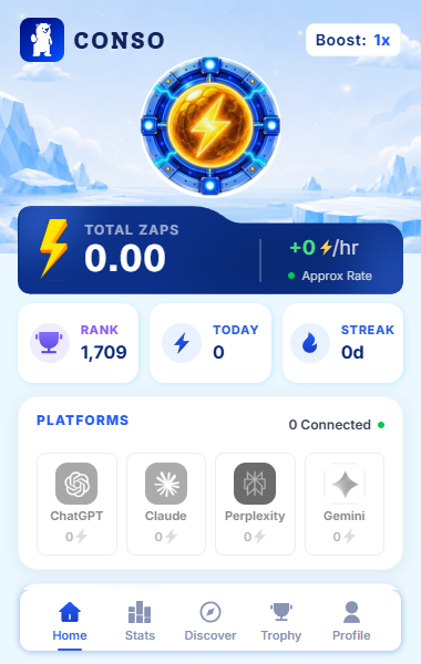 A screenshot of the Conso app dashboard showing a user profile with 0.00 Total Zaps, a Rank of 1,709, and zero connected AI platforms (ChatGPT, Claude, Perplexity, and Gemini). The image illustrates the "early slot" dashboard referenced in the post, where users are instructed to download the plugin and bind their AI platforms to start earning zaps.
