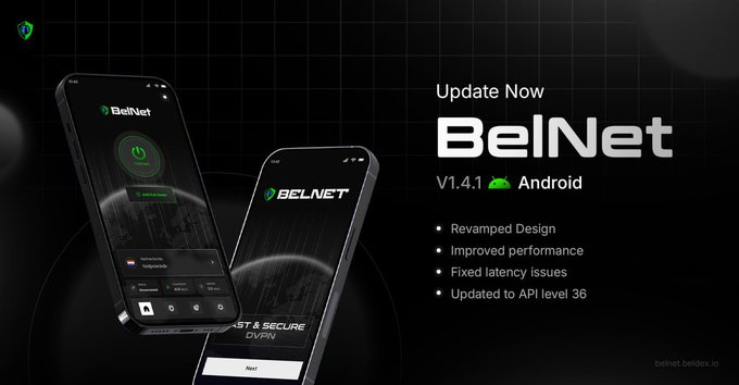 A promotional advertisement for the BelNet VPN app version 1.4.1 for Android, highlighting features like 'Revamped Design,' 'Improved performance,' 'Fixed latency issues,' and 'Updated to API level 36.'