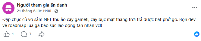 A Vietnamese Facebook post from "Người tham gia ẩn danh" criticizing a virtual NFT garden project (gametree) as a pyramid scheme exploiting workers, posted on June 6.