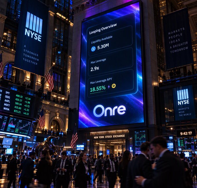 The New York Stock Exchange trading floor is crowded with people beneath towering digital boards. Visible text includes “NYSE,” “A STRONGER TOMORROW TOGETHER,” “MARKETS PEOPLE IDEAS A BRIGHTER TOMORROW,” and a central “One” ad reading “Looping Overview,” “Liquidity Available 5.30M,” “Max Leverage 2.9x,” and “Max Leverage APY 18.55%.”