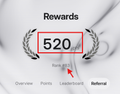 A cropped UI snippet highlights a daily rewards balance of '520' on a watch face with the text 'Rewards', 'Ring 30 Mins', and navigation tabs like Overview, Points, Leaderboard, and Referral.