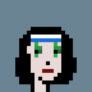 A pixel art character with a pale face, black hair, a blue headband, and green eyes, with a small open mouth.