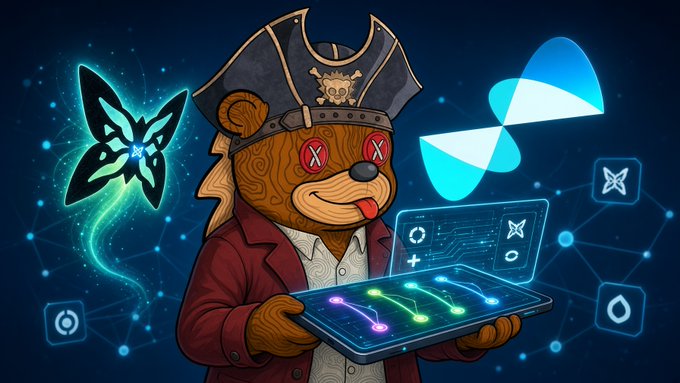 A digital illustration of an anthropomorphic brown bear dressed as a pirate, holding a glowing circuit board, surrounded by floating crypto logos including what appears to be Aptos and Render.
