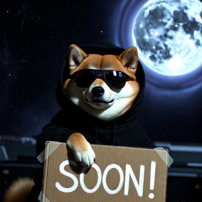 An AI-generated image of a Shiba Inu dog wearing sunglasses and a black hoodie, holding a cardboard sign that reads 'SOON!'.