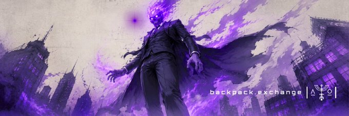 Anime-style illustration of a purple supernatural figure in a suit standing amid purple flames in a destroyed cityscape, branded 'backpack.exchange' with cryptic symbols.