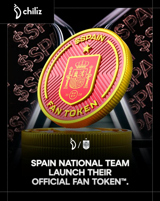 The image features a large coin that has the words "Spain National Team" written on it. The coin also has a shield design with a red border and yellow center. Below the coin, there's text that reads "Good morning! Today we're starting the day with another big name joining the Chiliz ecosystem, welcome @SEFutbol". This suggests that the image is related to an event or promotion involving the Spanish National Team.

The post also mentions a fan token and a promotional offer for Spain's national team. The text "Spain" appears multiple times in different parts of the image, reinforcing the connection between the coin and the team.