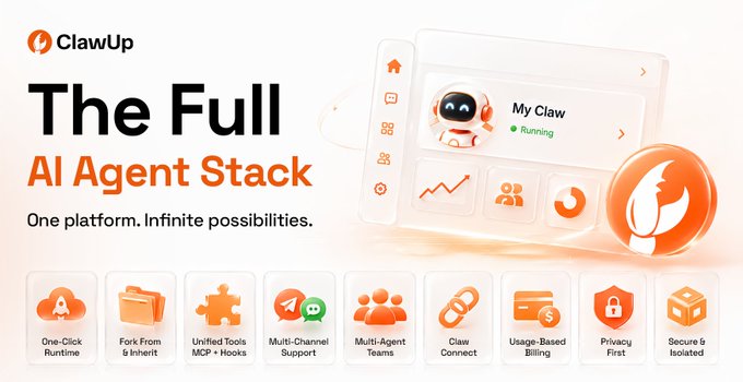 A promotional graphic for "ClawUp" showcasing their "The Full AI Agent Stack" platform with the tagline "One platform. Infinite possibilities." The image features an illustration of a friendly robot character labeled "My Claw" with a "Running" status, alongside a dashboard interface, while eight feature icons line the bottom highlighting capabilities like One-Click Runtime, Fork From & Inherit, Unified Tools MCP + Hooks, Multi-Channel Support, Multi-Agent Teams, Claw Connect, Usage-Based Billing, Privacy First, and Secure & Isolated—directly illustrating the post's message about simplifying AI agent deployment, connection, and scaling.