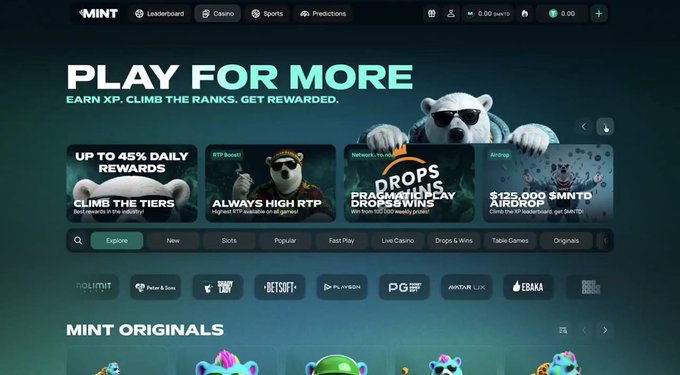 A screenshot of the 'MINT' online casino website homepage featuring a 'PLAY FOR MORE' banner promoting XP rewards, daily rewards, drops & wins, and a $125,000 MNTO airdrop, with game provider logos including Nolimit City, Relax Gaming, and Evolution.