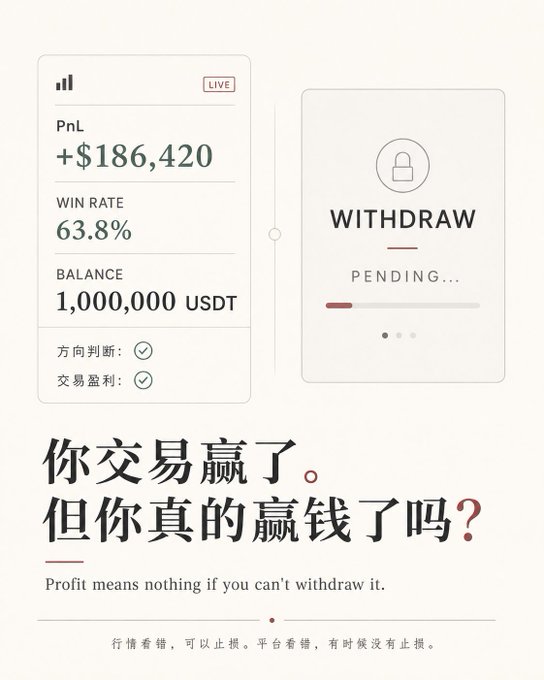 A financial graphic showing a trading account with 'PnL +$186,420', a '63.8% WIN RATE', and a '1,000,000 USDT' balance, with Chinese characters questioning if profit is real if you can't withdraw.