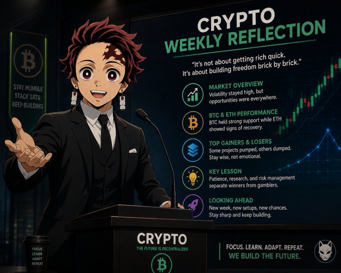 An anime-style presentation titled 'CRYPTO WEEKLY REFLECTION' featuring a red-haired character at a podium with bullet points including 'MARKET OVERVIEW', 'BTC & ETH PERFORMANCE', 'TOP GAINERS & LOSERS', 'KEY LESSON', and 'LOOKING AHEAD'.