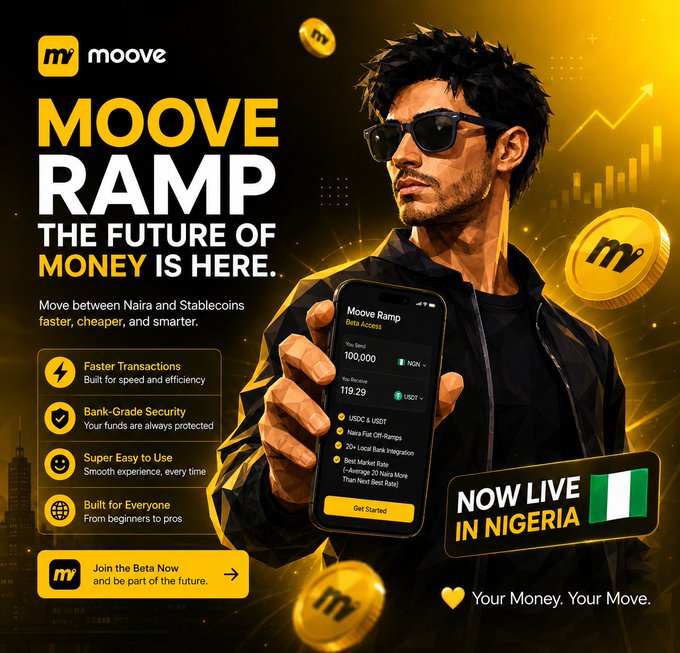 A promotional graphic for "Moove Ramp" featuring a man in sunglasses holding a smartphone displaying a crypto exchange interface, with the text "MOOVE RAMP - THE FUTURE OF MONEY IS HERE" and "NOW LIVE IN NIGERIA" alongside a Nigerian flag, advertising features like faster transactions, bank-grade security, and easy Naira-to-USDC (NGN/USDT) conversions. The image supports the post by visually announcing the launch of Moove's crypto on/off-ramp service in Nigeria, emphasizing its ease and accessibility for Nigerian users.