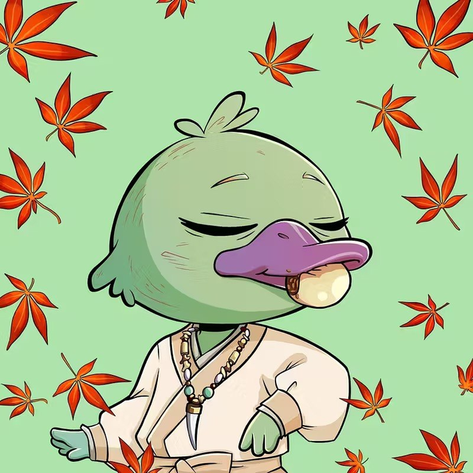 The image features a cartoon duck wearing a kimono, surrounded by autumn leaves of various colors including red, orange, yellow, and green. The duck appears to be posing for the camera with its head tilted back and eyes closed, giving off an air of tranquility and elegance. The post about Quacks on @wallchain in one day has been shared, which suggests that this image might have been created as part of a social media campaign or promotional activity related to Quacks, possibly featuring the cartoon duck as a mascot for Quacks' followers.