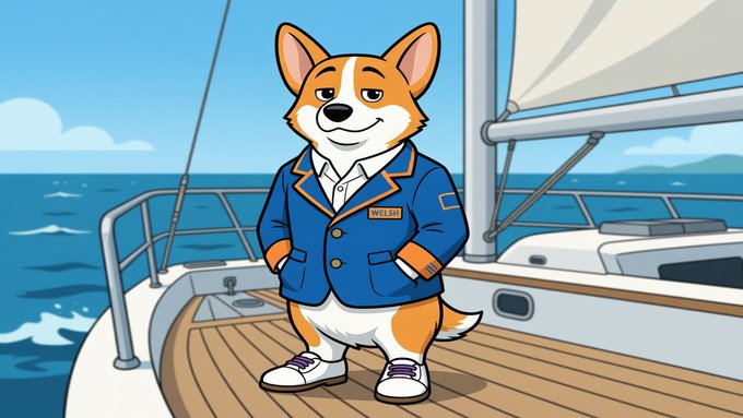 Illustrated cartoon of a smiling Pembroke Welsh Corgi wearing a blue blazer with a 'WELSHI' name tag, standing on the deck of a yacht with ocean and sails in the background.