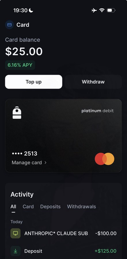 A mobile screenshot of a Backpack "Card" interface showing a balance of $25.00 with 6.16% APY, and Activity listing a $100.00 charge for "ANTHROPIC* CLAUDE SUB" alongside a $125.00 deposit. This visualizes the post's claim that the Backpack credit card was used to purchase a Claude Pro Max subscription with no fees or FX markup, unlike the user's previous bank which would have charged fees for the transaction.