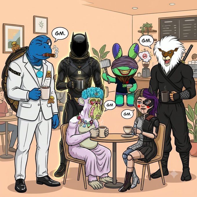 A humorous illustration of various fictional characters (including a Teenage Mutant Ninja Turtle, a Black Knight, and a Teen Titan) gathered in a coffee shop, with several speech bubbles reading 'GM.'