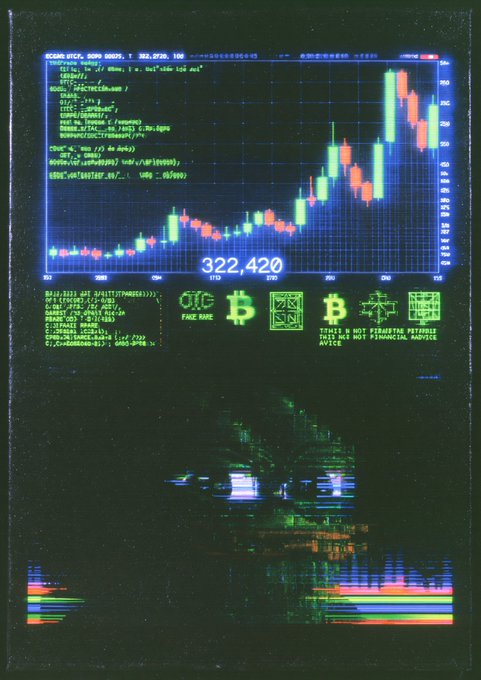 A glitchy, retro-styled image featuring a candlestick chart with a prominent number '322,420', along with code text and symbols including 'OTC', 'FAKE NEWS', 'BTC', 'B', and 'ETH' with the message 'THIS IS NOT FINANCIAL ADVICE' visible.