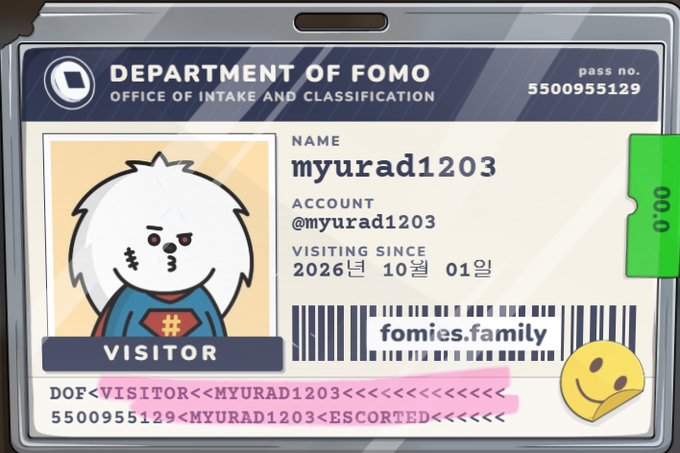 A digital ID card titled 'DEPARTMENT OF FOMO - OFFICE OF INTAKE AND CLASSIFICATION' for a user named 'myurad1203' with a cartoon avatar and a barcode reading 'fomies.family'.