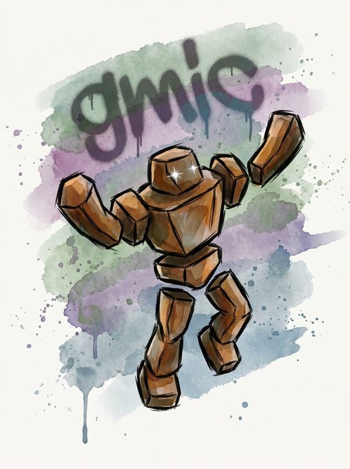 A watercolor-style illustration shows a brown, blocky, golem-like figure floating above colorful splashes with graffiti-style text in the background.