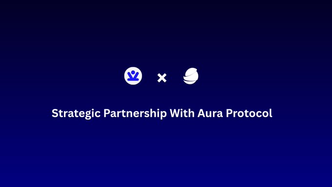 LitvmSwap announces a strategic partnership with Aura Protocol, displayed alongside both project logos on a dark navy background with the headline "Strategic Partnership With Aura Protocol."