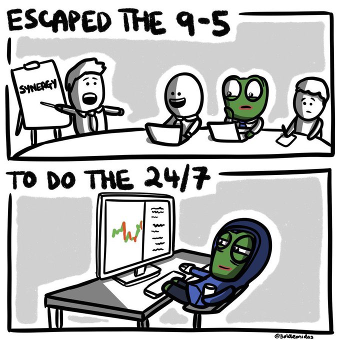 A two-panel comic shows a presenter discussing "synergy" at a corporate meeting, captioned "ESCAPED THE 9-5," before transitioning to a solitary frog character in a hoodie slumped at a computer showing stock charts, captioned "TO DO THE 24/7."

The comic humorously illustrates the post's irony: escaping traditional work hours only to fall into the relentless grind of crypto/content creation, trading the structured 9-to-5 for an around-the-clock cycle of trading $ANSEM, hustling on side projects, and chasing paying gigs—depicting how the so-called "freedom" often means working even harder.