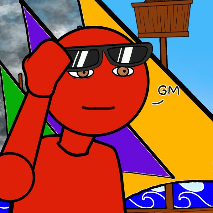 A red cartoon character wearing sunglasses with the text 'GM' displayed.