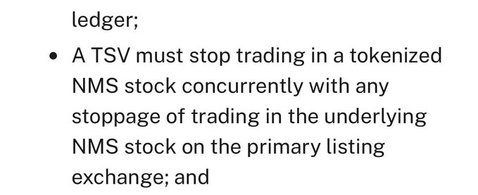 A text snippet from a regulatory document stating 'A TSV must stop trading in a tokenized NMS stock concurrently with any stoppage of trading in the underlying NMS stock on the primary listing exchange.'