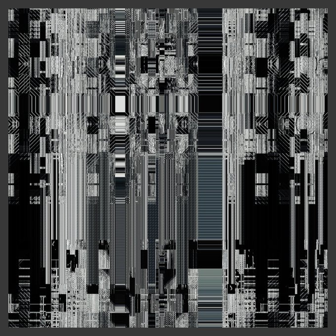 An abstract digital artwork composed of vertical black, white, and blue-gray geometric lines and rectangular shapes creating a complex, glitch-like pattern.