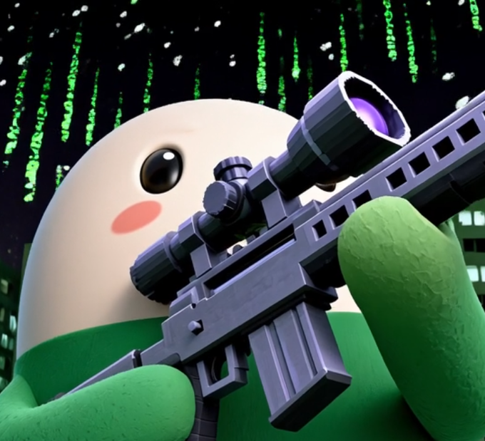 A 3D-rendered cute green and white blob character with rosy cheeks holds a black sniper rifle, set against a dark background with falling green digital code reminiscent of the Matrix.