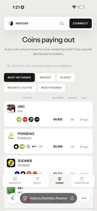 A mobile screenshot of 'Indices - Coins paying out' webpage showing ranked cryptocurrencies like UNC ($4,832), PONSDAQ ($3,444), and ZOOMER with filtering options like 'MOST RETURNED' and 'NEWEST'.