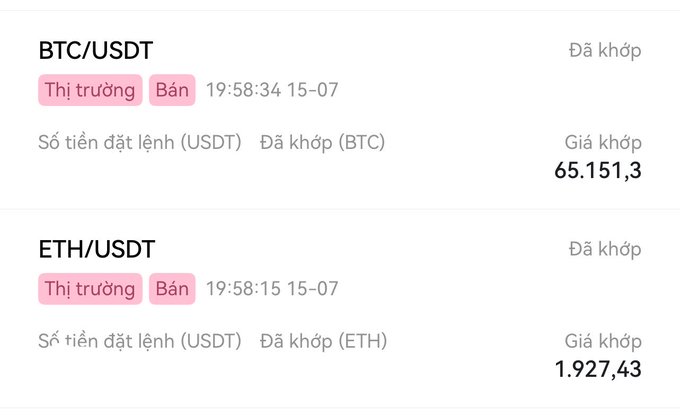 A cryptocurrency exchange interface displaying filled market sell orders for BTC/USDT at 65,151.3 and ETH/USDT at 1,927.43, dated 15-07.