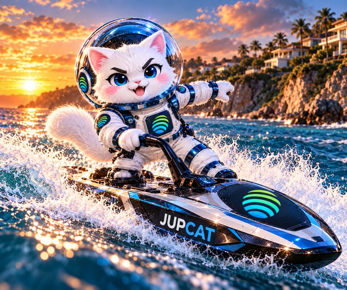 A whimsical 3D rendering shows a fluffy white cat wearing a futuristic astronaut helmet and suit, riding a sleek jet ski labeled 'JUPCAT' on ocean waves at sunset.