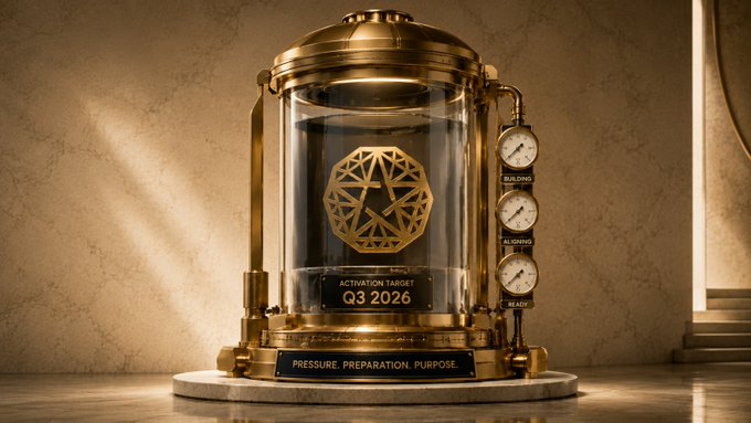 A futuristic golden containment vessel displays a geometric star emblem alongside the text "ACTIVATION TARGET Q3 2026" and the motto "PRESSURE. PREPARATION. PURPOSE." with pressure gauges labeled "BUILDING," "ALIGNING," and "READY"—visually reinforcing RBC's messaging that Q3 2026 is a deliberate, pressurized buildup rather than a passive wait.
