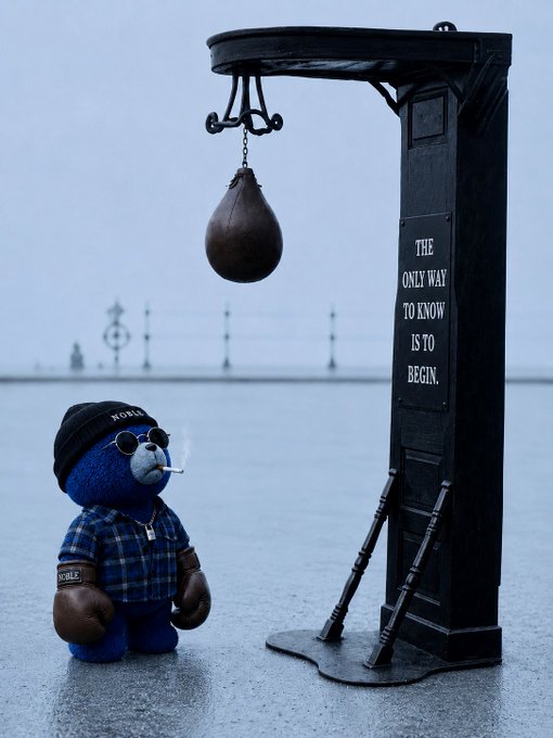 A blue plush bear wearing a plaid shirt, beanie, and sunglasses stands in front of a small punching bag structure displaying the text 'THE ONLY WAY TO KNOW IS TO BEGIN.'