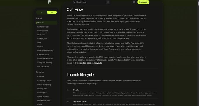 The image displays a documentation page titled "Overview" explaining $PONS v2 versus v1 differences, including sections on the launch lifecycle steps (Create, Trade the curve) and how the launch mechanism has evolved from immediate Uniswap V3 pool deployment to a curve-based approach.