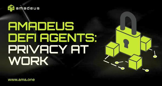 A promotional graphic with text 'AMADEUS DEFI AGENTS: PRIVACY AT WORK' and 'www.ama.one' alongside a green padlock icon with connected nodes on a dark background.