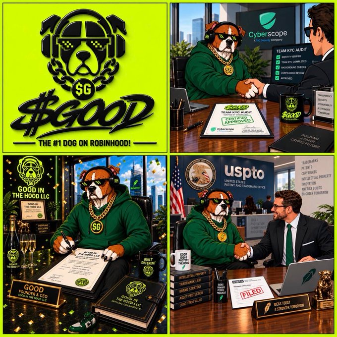 A four-panel promotional graphic featuring a bulldog mascot wearing sunglasses, a green hoodie, and a gold chain, with text '$GOOD' and 'THE #1 DOG ON ROBINHOOD!' in a green-themed design.