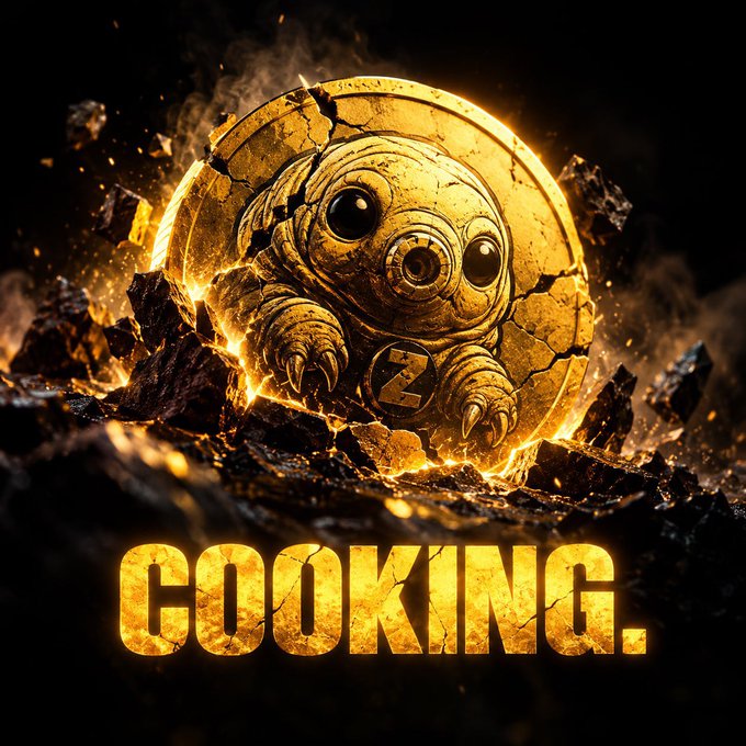 A golden, cracked coin depicting a creature with three eyes and the letter "Z" bursts through molten rock with fire and debris flying, while the bold text "COOKING." glows below. The fiery, erupting imagery visually reinforces the post's "cooking" pre-launch hype for the Zcash-themed Solana memecoin $RETARDI.