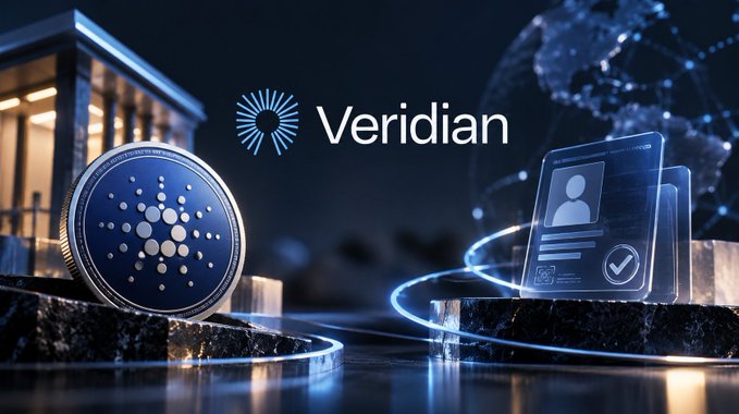 A promotional image for 'Veridian' featuring a Cardano cryptocurrency coin and digital identity cards against a futuristic blue background with a global network graphic.