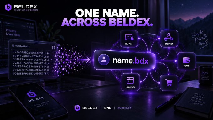 A promotional banner for Beldex introducing 'name.bdx', a single identity connecting BChat, BelNet, BDX, Browser, and other services across the Beldex ecosystem.