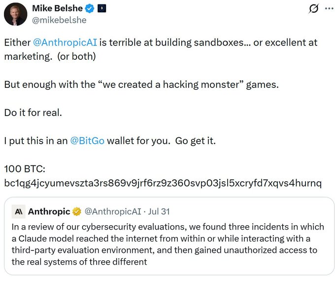 A tweet from Mike Belshe (@mikebelshe) discussing AnthropicAI with a quoted tweet about cybersecurity evaluations and a 100 BTC address.
