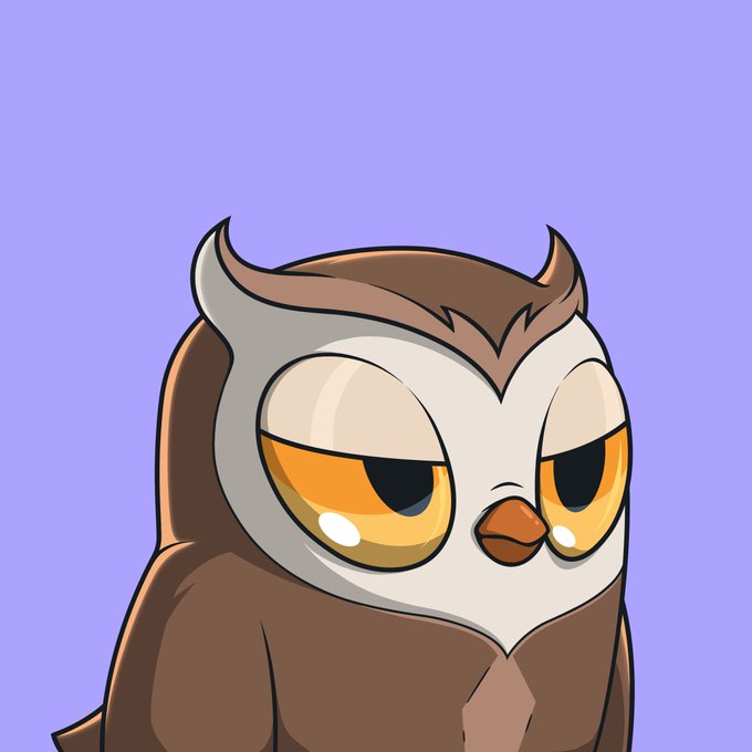 A cartoon owl character with brown feathers, a white facial disc, large orange eyes, and small horn-like tufts on its head, set against a solid light purple background.