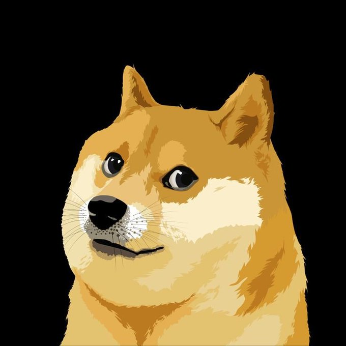 A digital illustration of a Shiba Inu dog's face on a black background, resembling the Dogecoin meme.