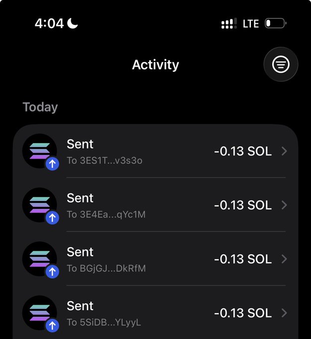 A smartphone screenshot showing a crypto wallet Activity log with multiple 'Sent' transactions of -0.13 SOL to various addresses.