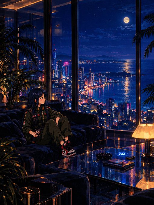 An anime-style illustration of a girl in a green jumpsuit and red sneakers sitting on a dark sofa holding a glass, with a nighttime city skyline visible through floor-to-ceiling windows and a glowing 'GM' logo on the coffee table.
