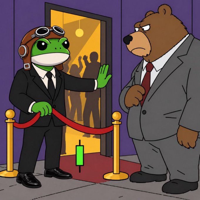 A cartoon depicts a frog in a black suit and aviator cap holding up a hand to stop a grumpy bear in a gray suit at a red-roped entrance, with a green battery icon below.