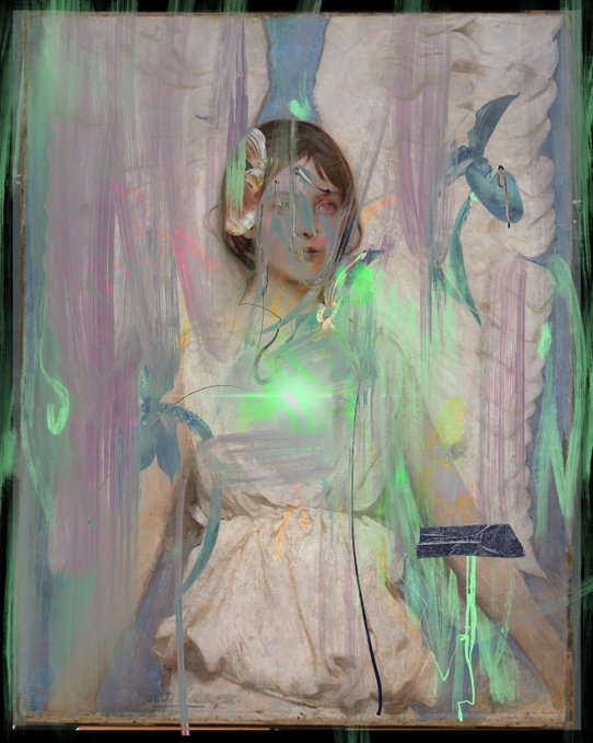 An artistic painting of a young woman with dark hair and pale clothing, overlaid with abstract dripping effects in vibrant green and purple hues, with a bright green light emanating from her chest area.