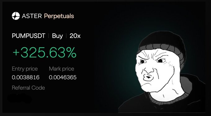 A screenshot from ASTER Perpetuals shows a winning PUMPUSDT perpetual futures position with a Buy order at 20x leverage, displaying a +325.63% gain (entry price 0.0038816, mark price 0.0046365) alongside the classic "Wojak in beanie" meme celebrating unexpected crypto profits.