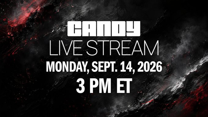 A promotional graphic for a "CANDY LIVE STREAM" scheduled for Monday, Sept. 14, 2026 at 3 PM ET, set against a dramatic dark background with red accents. The bold, fiery design emphasizes the exciting preview teased in the accompanying post about upcoming auction lots, Gold Series Aces, and platform updates.