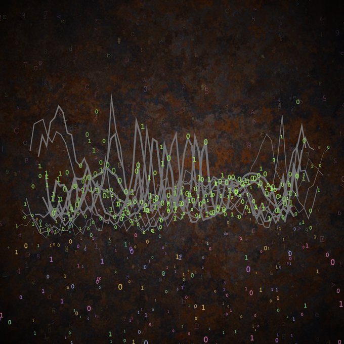 An artistic digital image depicting stock chart-style line graphs overlaid on a dark rusty background with scattered numbers, zeros, and ones in various colors.
